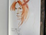 a drawing of a woman with red hair and a bird on her head