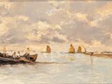 un tableau représentant un groupe de personnes dans un bateau sur un plan d'eau
