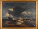 an oil painting of a boat in a stormy sea with a bird flying overhead
