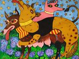 tableau aux couleurs vives représentant un chien et un autre chien dans un champ de fleurs