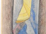 drawing of a woman in a blue dress with a yellow dress