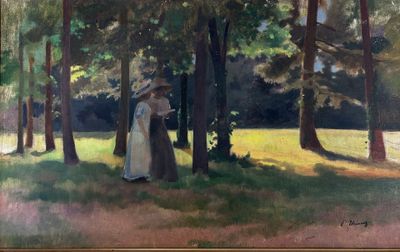une peinture à l'huile représentant deux femmes dans un parc bordé d'arbres