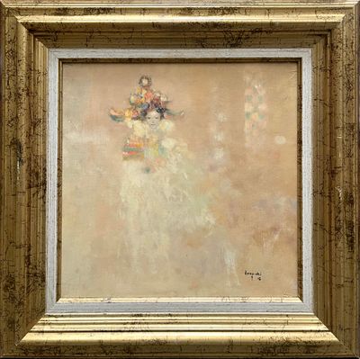 a picture of a painting of a woman with flowers in a vase