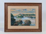 peinture représentant un paysage avec une rivière et des montagnes en arrière-plan