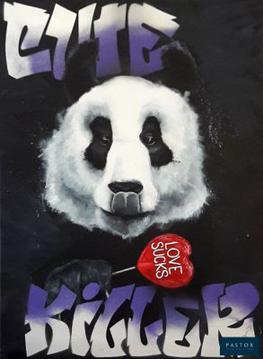 tableau représentant un panda avec une sucette en forme de cœur sur le nez