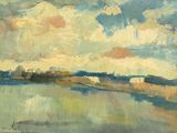 une peinture à l'huile représentant des nuages au-dessus d'un plan d'eau, avec des arbres au loin