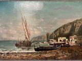 a painting on the wall of a beach with boats in the water