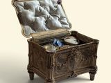 a small chest with a bottle of wine inside of it