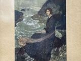 an image of a painting of a woman sitting on a rock by the ocean