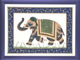 painting of an elephant in a blue frame on a purple background