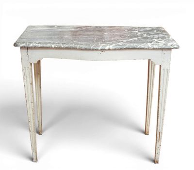 an old white table with a marble top on a white background