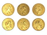 six gold sovereigns of different sizes and shapes on a white surface