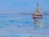 painting of two children playing on the beach with a sailboat in the background