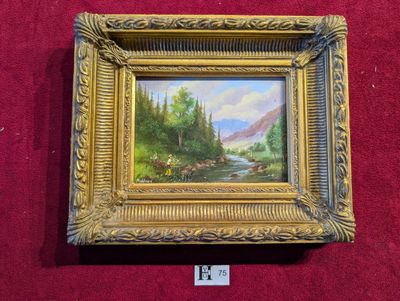 Huile sur panneau, La pêche en rivière, sbg Moldvay - Dim.