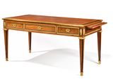 an image of a wooden desk with two drawers on one side and a drawer on the other side