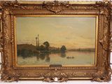 une image représentant un tableau d'un bateau sur un lac