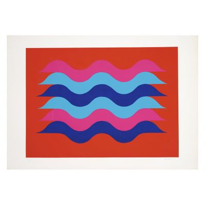 un motif représentant des vagues rouges, bleues et roses sur fond rouge