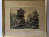 a painting of a wooded scene with trees and a river