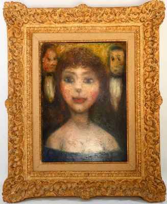 an oil painting of a woman in a blue dress in a gold frame