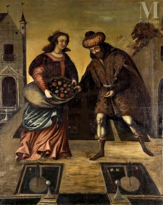 an image of a painting of a man and a woman with a basket of fruit