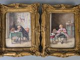deux tableaux encadrés représentant un homme et une femme assis à une table