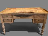 a wooden desk with two drawers and a drawer underneath it