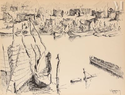 dessin représentant un bateau dans un port, avec une ville en arrière-plan