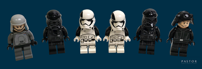 cinq figurines Lego Star Wars alignées sur un fond bleu