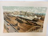 a picture of a painting of a train on the tracks