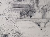 a black and white drawing of a tree and a bench