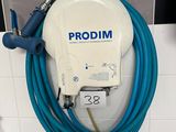 a blue hose attached to a wall in a bathroom