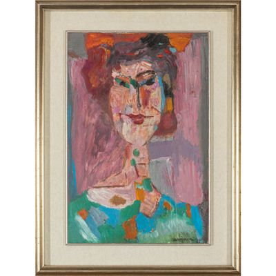 un tableau représentant une femme en robe verte et chapeau rouge