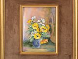 an oil painting of sunflowers and daisies in a blue vase