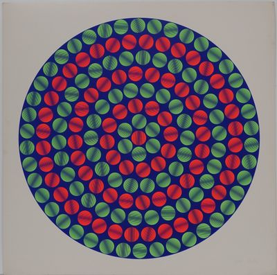 une image représentant un motif circulaire composé de cercles rouges, verts et bleus