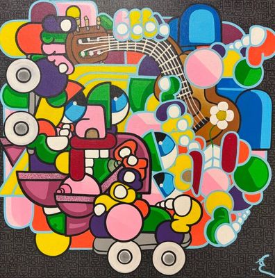 une photo d'un tableau représentant une voiture sur laquelle figurent des notes de musique