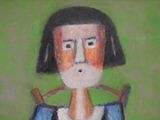 painting of a woman in a blue dress with a green background