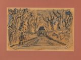 dessin représentant une voiture roulant sur une route avec des arbres en arrière-plan