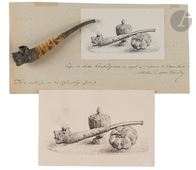 un vieux dessin représentant une pipe et un dessin représentant un homme avec une pipe