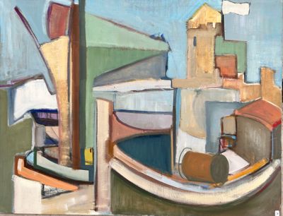une peinture représentant un bateau sur l'eau, avec un bâtiment en arrière-plan