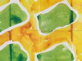 a picture of a painting with green and yellow squares on it