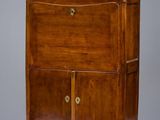 an old wooden cabinet with a marble top and two drawers