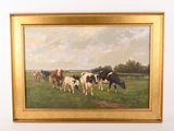 a painting of cows in a field with a sky in the background