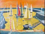 un tableau représentant des voiliers sur l'eau, près de la plage