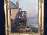 an oil painting of a man and a woman sitting on a rock