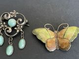 pair of antique butterfly brooches and earrings with turquoise stones