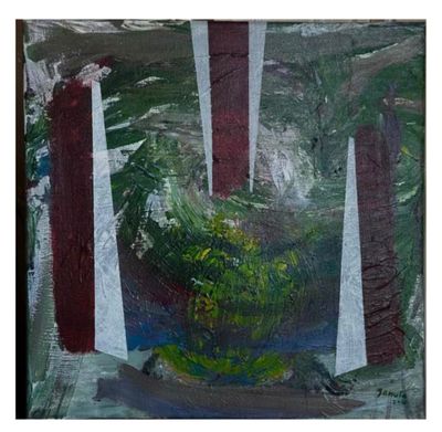 une peinture à l'huile représentant une plante en pot posée sur un rebord de fenêtre