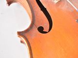 a close up of a violin on a white surface