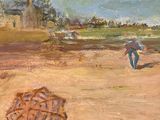 a painting of a person walking on a dirt field