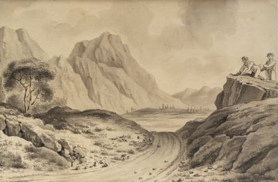 drawing of a mountain scene with a man sitting on a rock