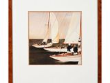 painting of sailboats on the water with people in the background